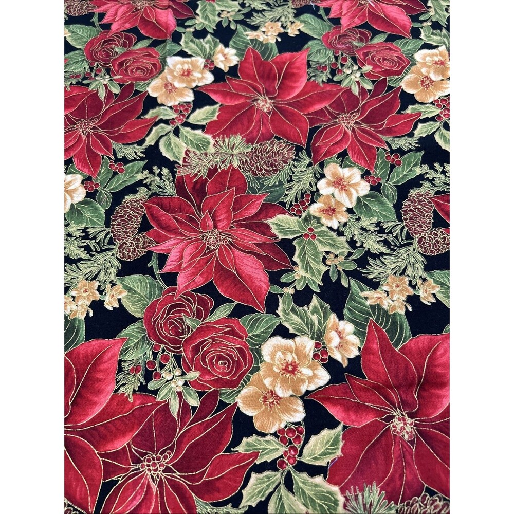 Woodland Splendor Quilting Fabric Poinsettia Roses Pinecones 33" X 44"